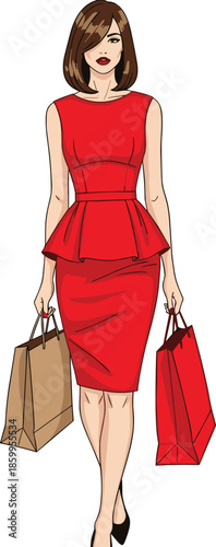 Elegant young woman in stylish red dress holding shopping bags walking confidently, fashion consumerism concept illustration isolated on white background