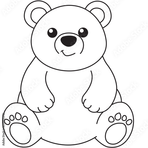 Fluffy teddy bear sitting line art with soft paws ideal for plush toys, stickers, and kid crafts.