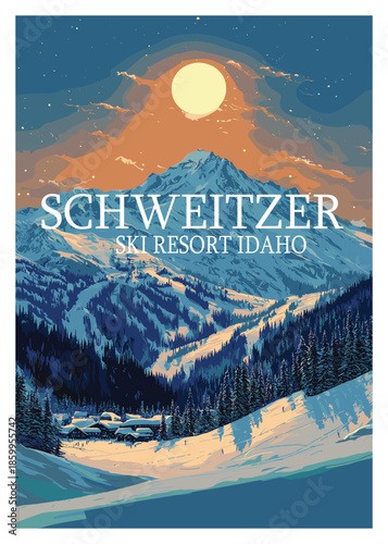 Vector illustration of Schweitzer Ski Resort Idaho at dusk with a full moon, highlighting the snowy slopes, chalets, and mountainous terrain under a vibrant sky.
