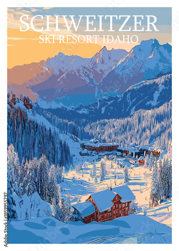 Vector art of Schweitzer Ski Resort Idaho village at sunset, showcasing snow-covered chalets and slopes amidst majestic mountains and warm evening light.