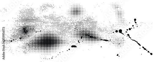 Black Halftone Texture Overlay Background with Grunge Dots and Ink Splatter Effect