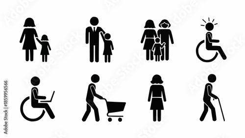 Collection of diverse people icons representing different life scenarios.