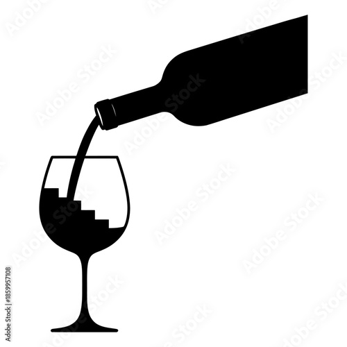 black silhouette of a wine bottle pouring into a glass in flat vector design