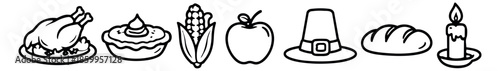 Hand drawn line art Thanksgiving icons set featuring a roasted turkey, pumpkin pie, corn, apple, pilgrim hat, bread, and candle for a holiday celebration