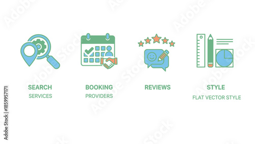Set of four icons representing business services search booking reviews and style.