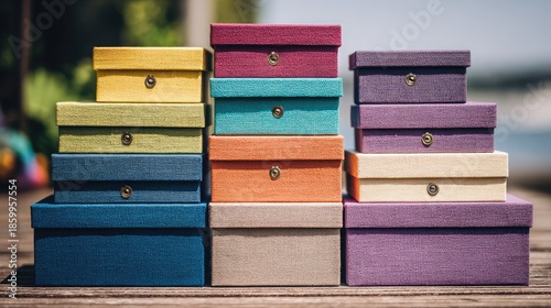 Colorful Stacked Storage Boxes in Various Sizes for Organizing and Decorating Spaces Outdoors