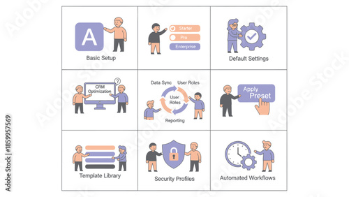 Set of Icons Representing Business Processes and Technology Solutions.