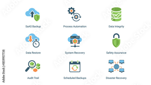 Set of Icons Representing Data Backup and Security Concepts.