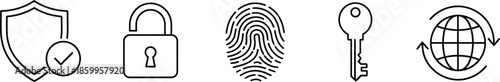 Collection of five security and authentication outline icons, vector illustration isolated on white background