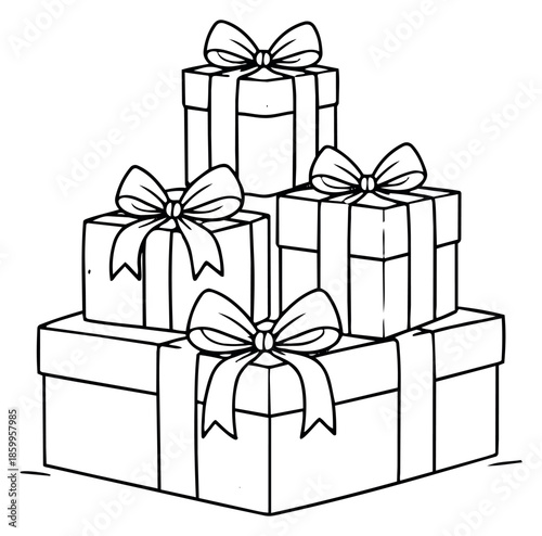 Hand drawn line art gift boxes set featuring a stacked tower with bows and ribbons for festive celebrations and special occasions