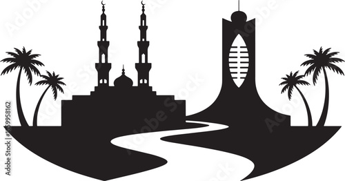 Khartoum city skyline silhouette with mosque and nile river landscape sudan travel illustration