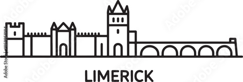 Limerick skyline outline vector illustration with historical castle bridge and city landmarks
