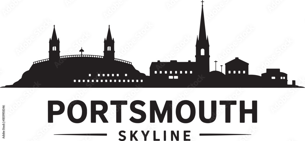 Fototapeta premium Portsmouth skyline silhouette with historic architecture and spires on a transparent background