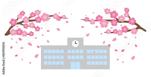 桜が舞う校舎のシンプルなフラットイラスト