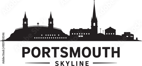 Portsmouth skyline silhouette with historic architecture and spires on a transparent background