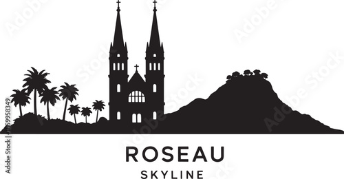 Roseau skyline silhouette with twin spires church palm trees and hills on transparent background