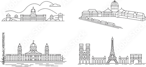 Set of european skylines vector illustration rome paris santiago de compostela city landscape