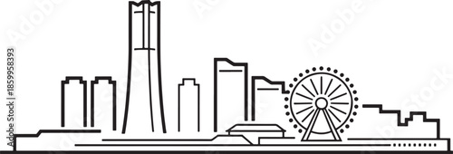 Yokohama city skyline outline featuring ferris wheel and landmark tower minimalist vector art