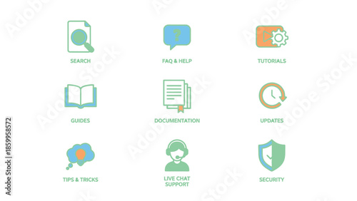 Set of nine distinct icons representing various concepts and services.