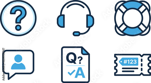 Customer service and support icons set in blue for help desk contact assistance FAQ 
information communication branding design