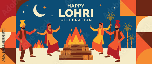 Vector illustration of diverse Indian people dancing around a bonfire with sugarcane under a night sky. Concept of Happy Lohri festival celebration and Punjabi cultural traditions