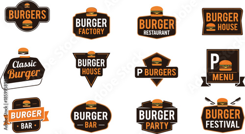 Burger logo badge collection with restaurant branding, fast food labels, classic burger icons, vintage design, menu signage, vector illustration set