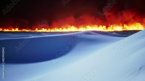 Abstract blue desert landscape with textured sand dunes and fiery sky