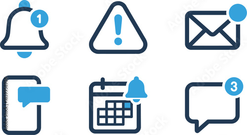 Notification and communication icons set in blue for alerts messaging calendar 
contact information inbox system branding design