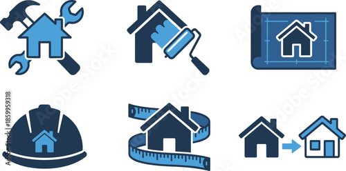 Real estate construction and home improvement tools icon set with houses wrenches hard hat 
building repair symbols in blue color scheme for property development and renovation service 
logos