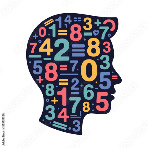 colorful vector design of a human head silhouette filled with numbers and mathematical symbols