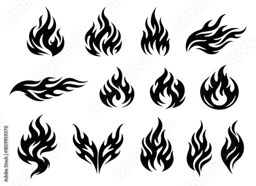 Abstract fire symbol set featuring diverse flame designs for tattoo and logo concepts