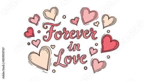 Romantic hearts surround Forever in Love text on white