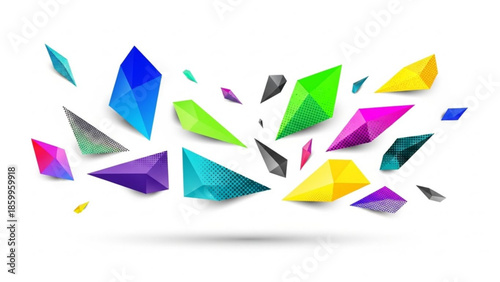 Abstract explosion of colorful geometric shapes and polygons with gradient and halftone effects on a white background