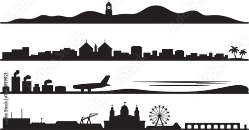 Urban skyline silhouette set featuring cityscapes with industrial zones and famous landmarks