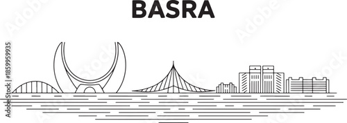 Basra city skyline vector illustration with landmark buildings and bridge in linear outline style