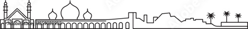 Arabian city skyline drawing with historical mosque architecture and desert landscape silhouettes
