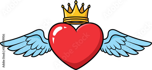 Crowned heart with angel wings illustration, love symbol, royal romance icon, valentines design, tattoo style, colorful vector art graphic emblem