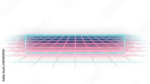 Retro futuristic neon grid background with a glowing rectangular frame in the center, abstract digital landscape with vibrant pink and blue light, cyberspace perspective