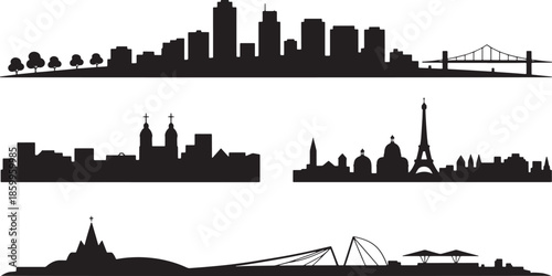City skyline silhouette collection featuring bridges historic buildings and Eiffel Tower outline