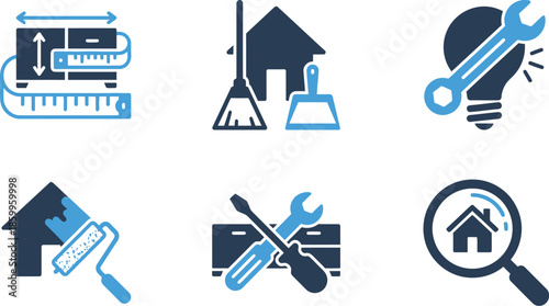 Home construction and property maintenance icons featuring blueprints renovation tools 
lightbulb house search in blue color palette for real estate building services and residential 
improvement 