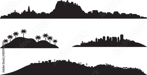 Mediterranean coastal city skyline silhouette with ancient fortress and rolling hill landscape