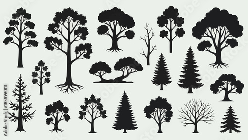 Collection of diverse tree silhouettes in black and white.