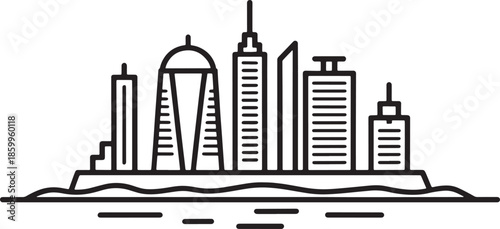 Modern city skyline illustration with skyscrapers buildings on waterfront urban design graphic element