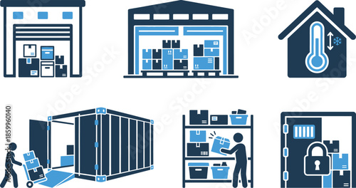 Commercial real estate and office building icons set with storefronts data centers retail shops 
residential properties in blue color scheme for business property architecture and urban 
development 