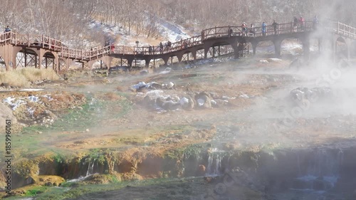 Hot springs and steaming stream of Paektu Mountain Heaven Lake