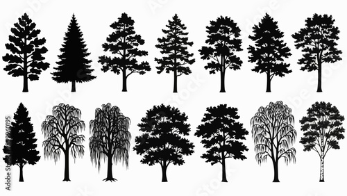 Collection of diverse tree silhouettes isolated on white background.