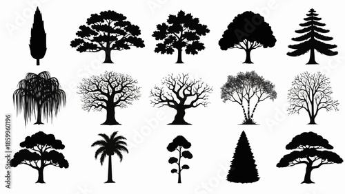 Collection of diverse tree silhouettes isolated on white background.