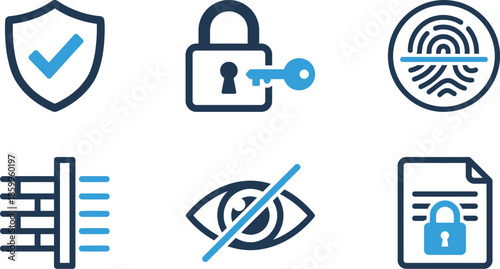 Cybersecurity protection and data privacy icons featuring shield lock fingerprint encryption 
firewall secure document in blue and dark blue for digital security network safety and 
information 