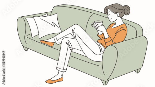 A woman relaxing on a couch with a mug of a beverage, enjoying a moment of peace.