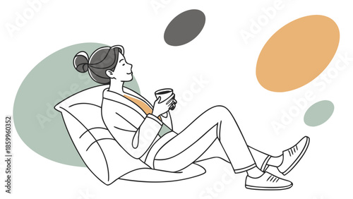 Woman Relaxing with Coffee in Minimalist Style.